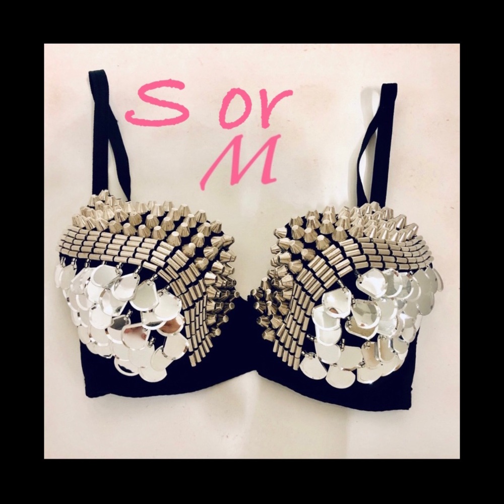 NWT S  Rhinestone studded bras goth punk hot spike silver bejeweled